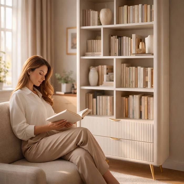 Libreria Moderna 8 Nicchie A Giorno E 2 Cassetti Design Asimmetrico Libreria Salvaspazio Ideale Per Soggiorno Ufficio 88.2 x 193.8 x 38 Cm Cashmere