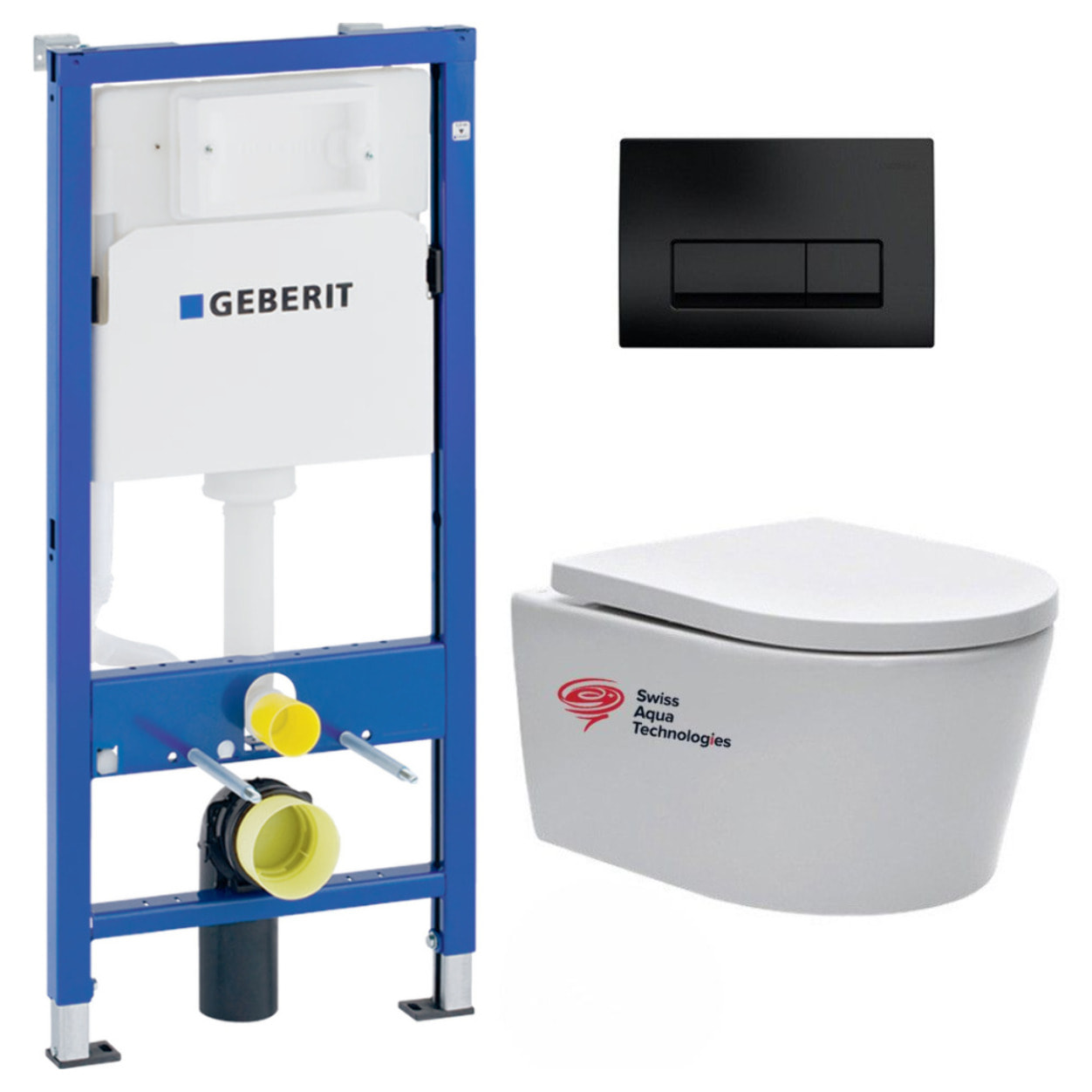 Pack WC bâti-support Geberit + cuvette Swiss Aqua Technologies sans bride + plaque noir mat (SATRIMLESSGEB10)