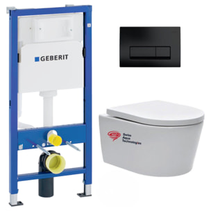 Pack WC bâti-support Geberit + cuvette Swiss Aqua Technologies sans bride + plaque noir mat (SATRIMLESSGEB10)