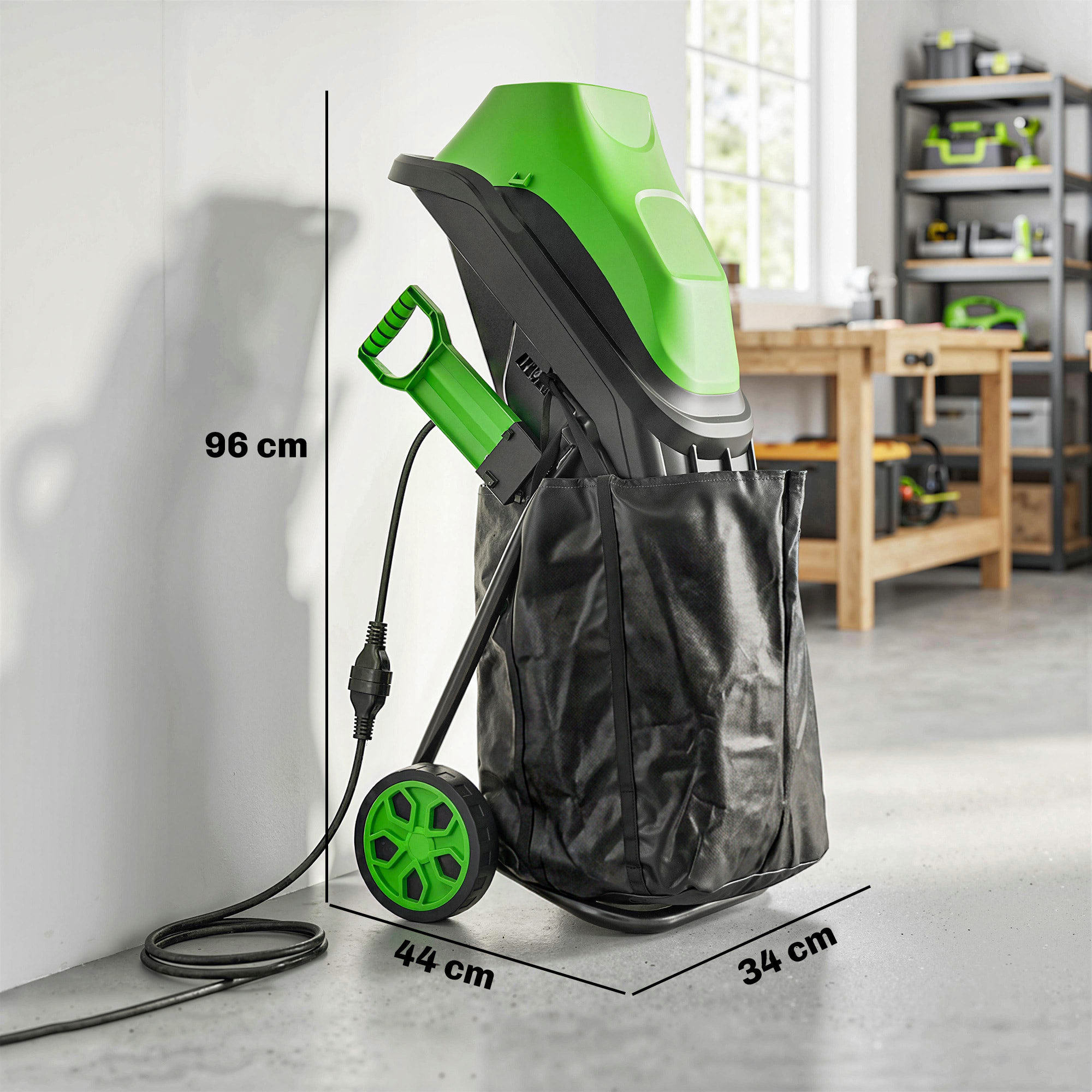 Trituradora de Ramas Eléctrica 2500W, Trituradora de Jardín con 2 Cuchillas Reversibles hasta Ø44 mm de Ramas, Bolsa de Recolección de 45L, Ruedas y Protección de Sobrecarga, Verde