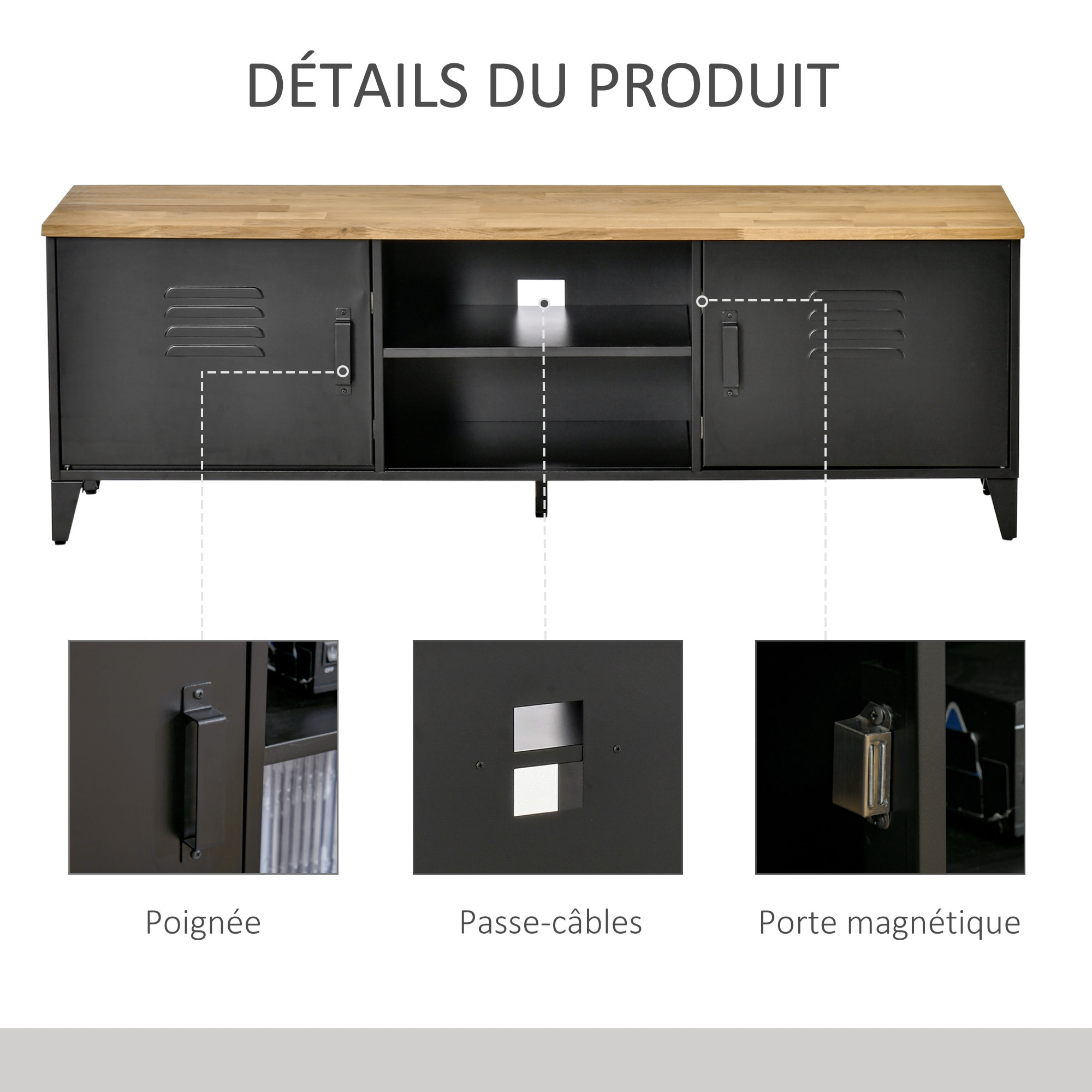 Meuble TV banc TV design industriel - 2 placards, 2 niches, 2 passe-fils - structure piètement tôle métal plateau bois d'hévéa
