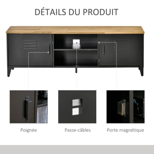 Meuble TV banc TV design industriel - 2 placards, 2 niches, 2 passe-fils - structure piètement tôle métal plateau bois d'hévéa