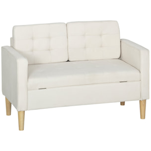 Sofá de 2 Plazas con Espacio de Almacenamiento, Sofá Moderno de Terciopelo con Patas de Madera, Respaldo Capitoné, para Salón, Dormitorio, Oficina, 117x62x78 cm, Crema