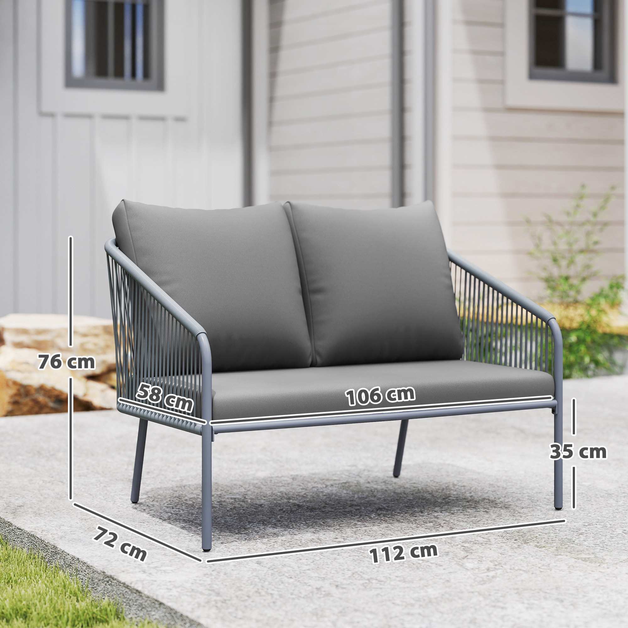 Canapé de jardin 2 places style bohème chic avec coussins assise dossier acier résine filaire gris