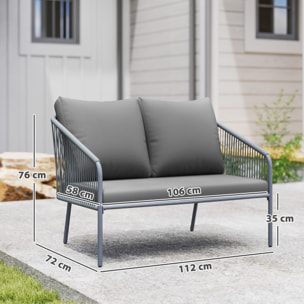 Canapé de jardin 2 places style bohème chic avec coussins assise dossier acier résine filaire gris