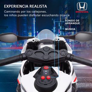 Moto Eléctrica con Licencia HONDA para Niños de 3-5 Años Moto a Batería 6V con Faro Bocina Música y Ruedas Auxiliares Extraíbles Carga 30 kg 90x44x52 cm Blanco