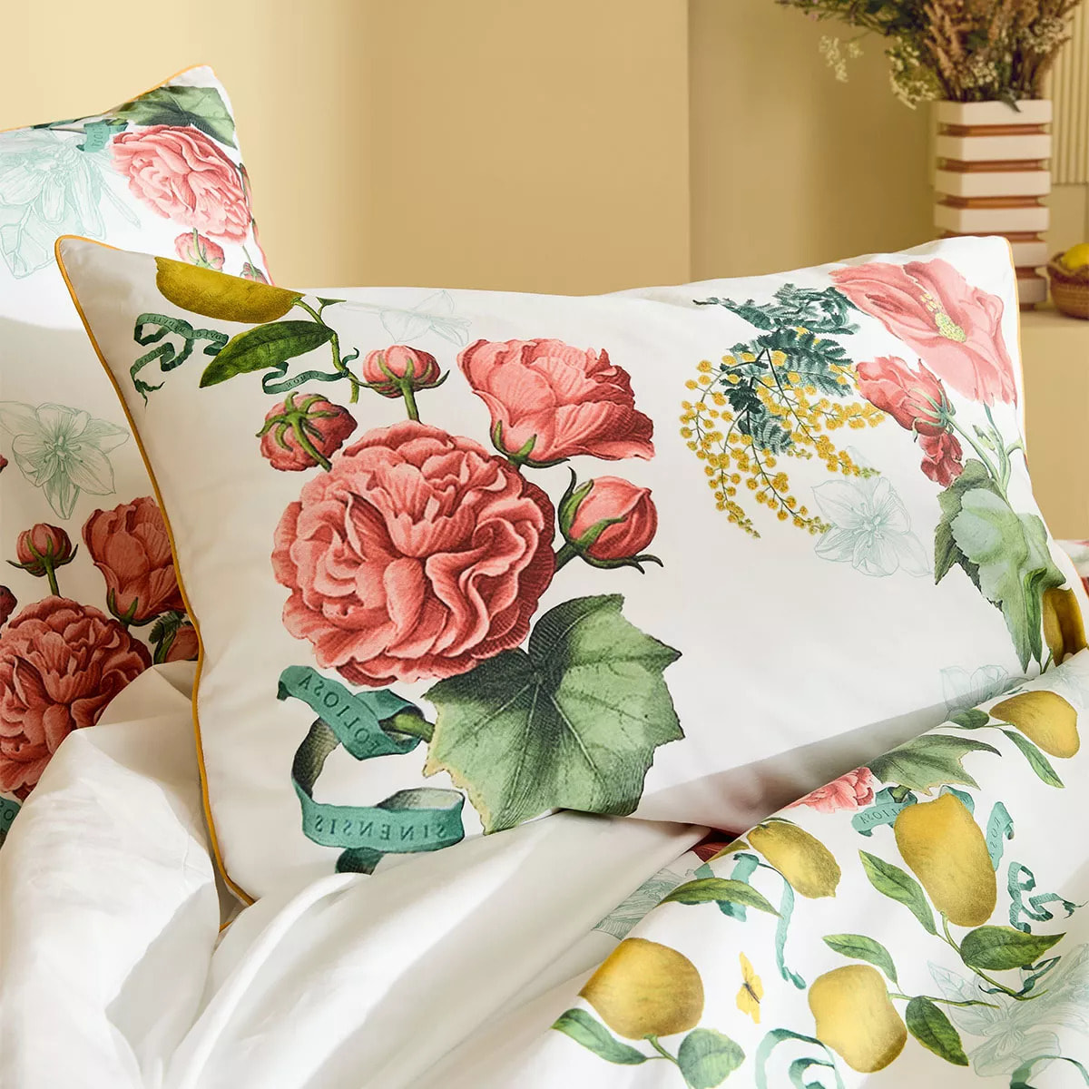 Taie d'oreiller percale de coton lavé imprimé rose jaune Citrons de menton romance