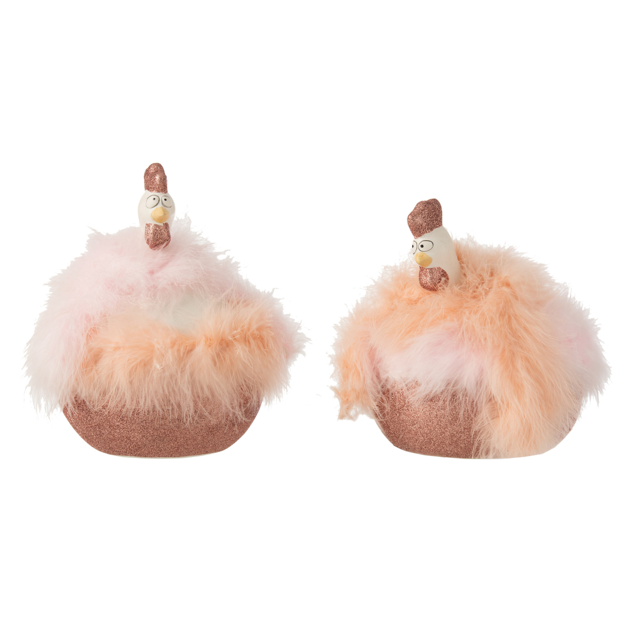 J-Line figurine Poule Plumes - céramique - blanc/rose - large - 2 pcs