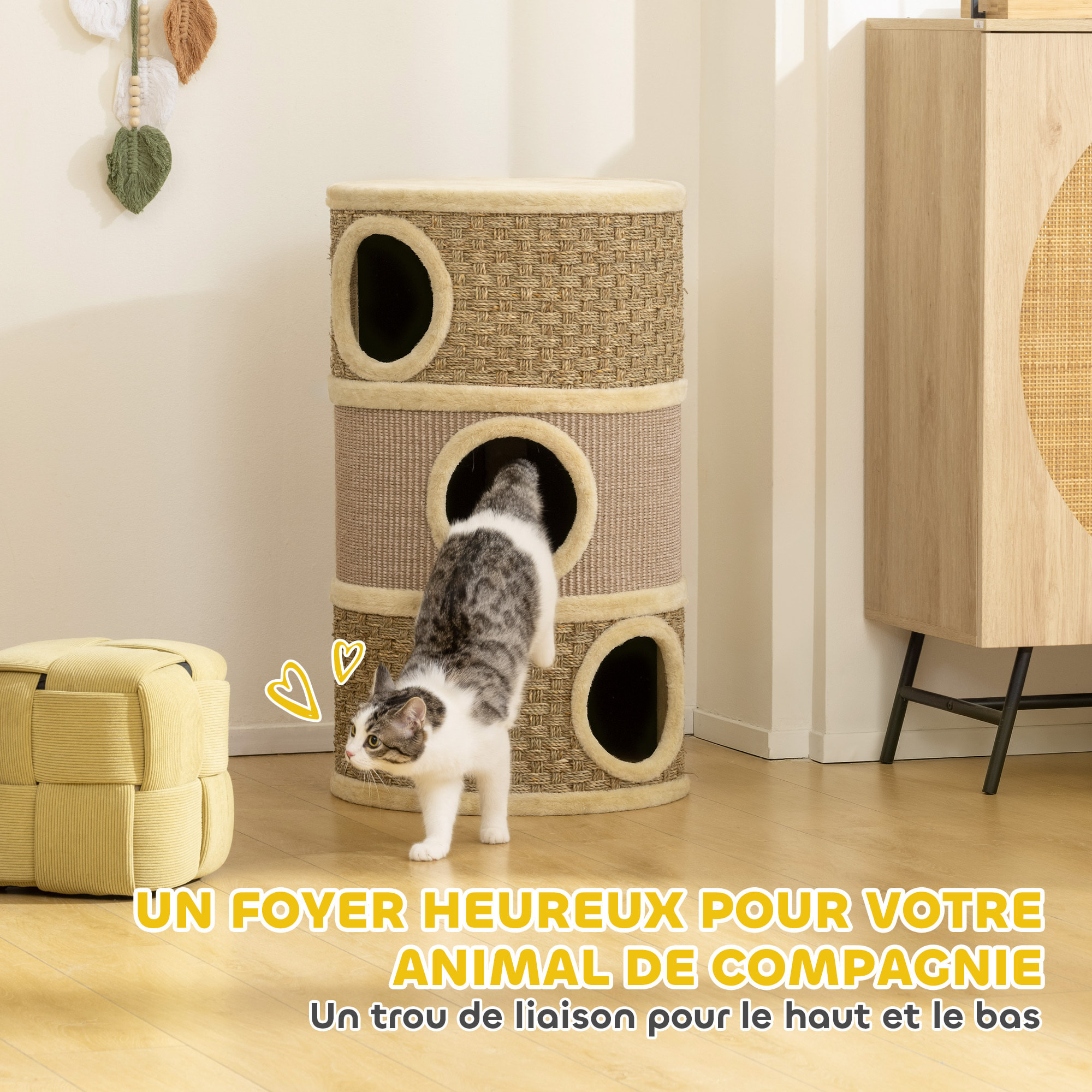 Arbre à chat cylindrique tonneau griffoir - 3 niches + plateforme - sisal corde d'algues beige