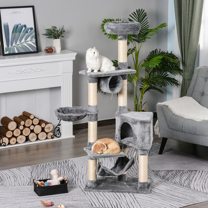 PawHut Tiragraffi a Colonna per Gatti con Cuccia Amaca Lettini Sospesi e Pali in Corda Sisal Grigio 60x40x154cm