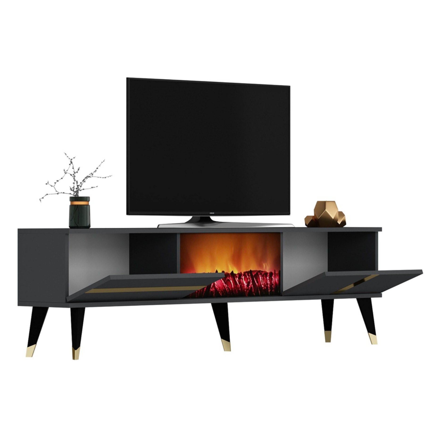 EASTSIDE Meuble TV sur pieds avec cheminée LED 150cm gris anthracite et détails dorés