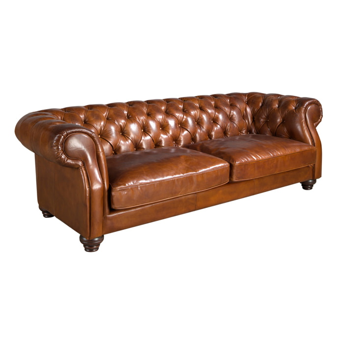 Sofá Chester de 3 plazas tapizado en piel de origen vacuno en marrón coñac patas de madera maciza tintada en caoba 226x101x70cm