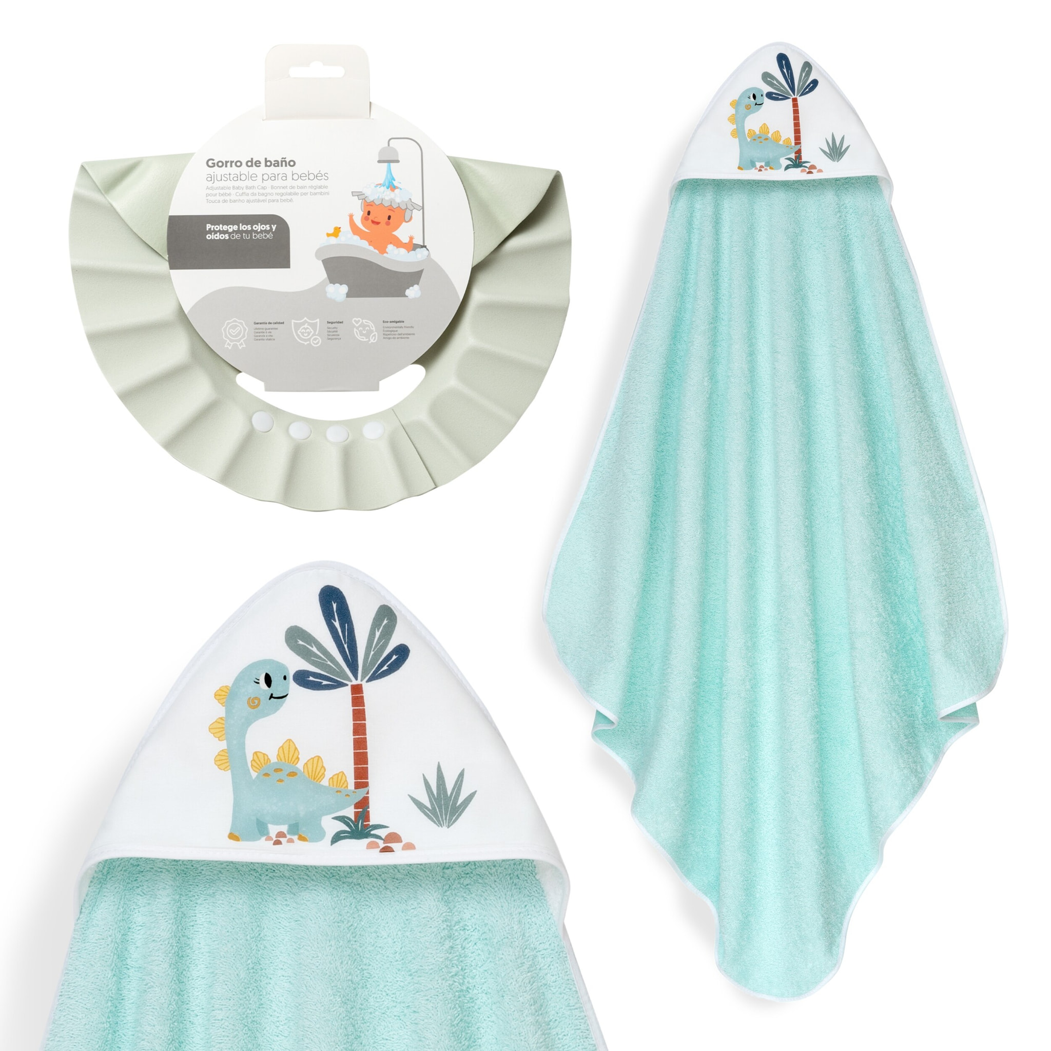 Capa Baño 1X1 Mod Estampado Dinosaurio Palmera+Gorro Verde