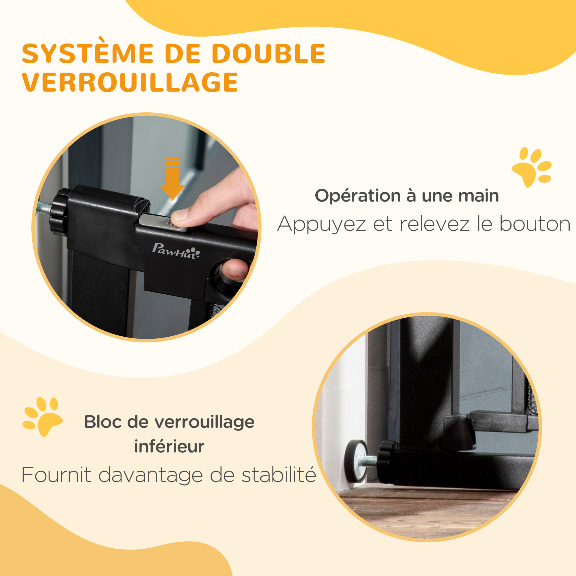 Barrière de sécurité animaux - longueur réglable dim. 75-103 cm - porte double verrouillage, ouverture double sens -sans perçage - acier ABS noir