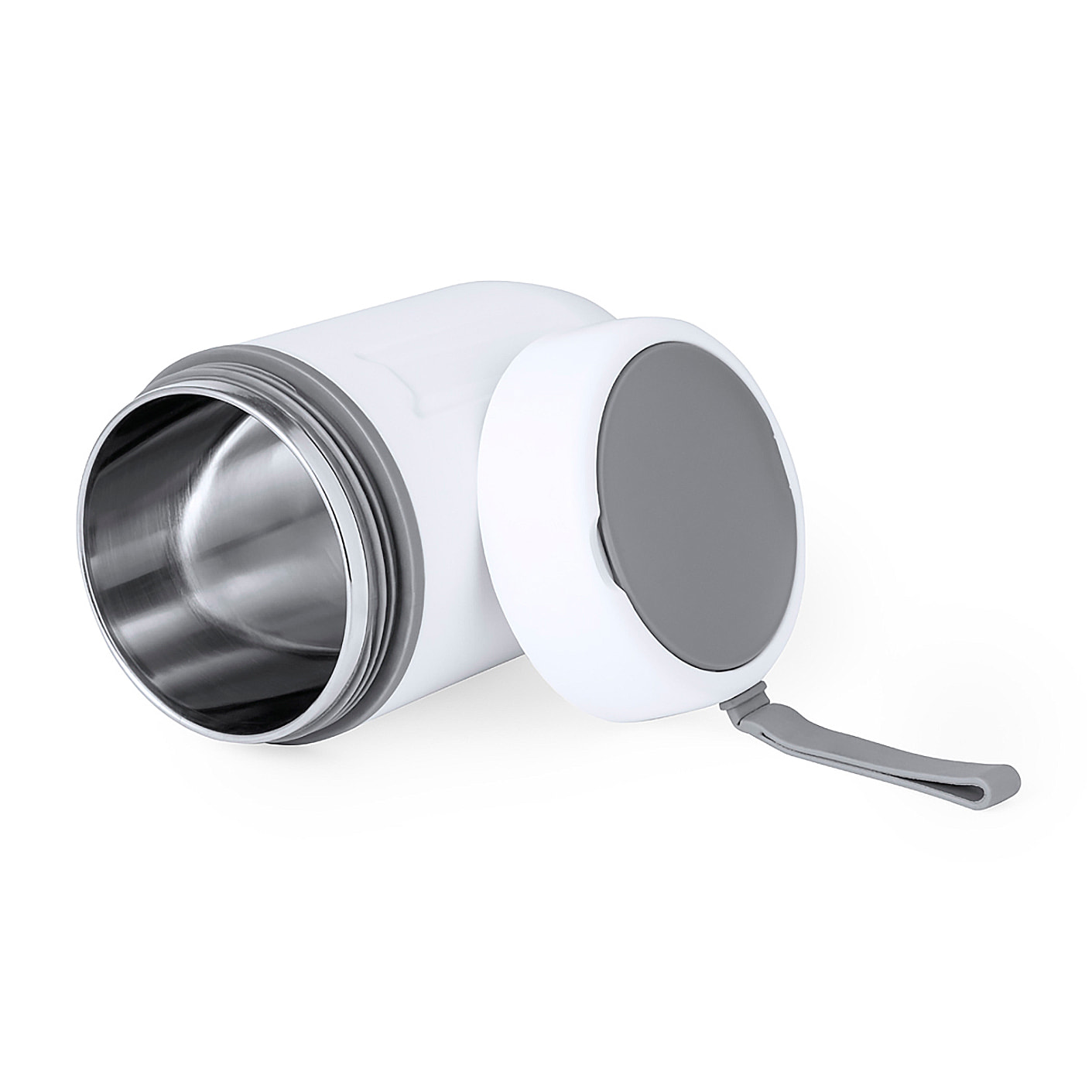 Fiambrera de doble pared, fabricada en acero inox y PP de 500 ml de capacidad. Cierre de seguridad y cubierto pleglable.