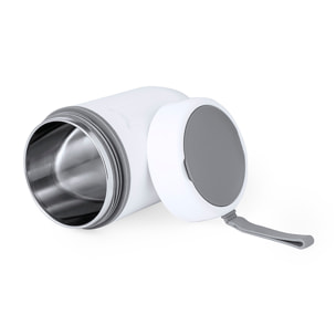 Fiambrera de doble pared, fabricada en acero inox y PP de 500 ml de capacidad. Cierre de seguridad y cubierto pleglable.
