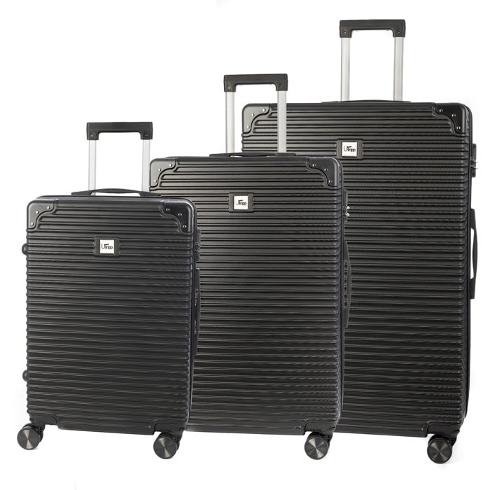 DAM Set di 3 valigie Trolley, in materiale leggero ABS ad alta resistenza con angoli rinforzati. Chiusura numerica e 4 ruote doppie rimovibili e girevoli a 360°. 54x32x80 Cm. Colore: Nero