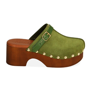 Clogs verde salvia in camoscio, tacco 6 cm