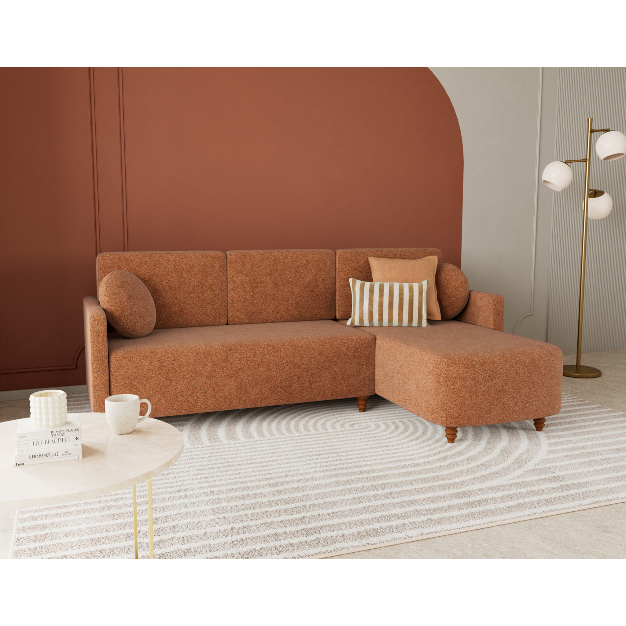 Calypso - canapé d'angle réversible 4 places convertible avec coffre en tissu - Terracotta