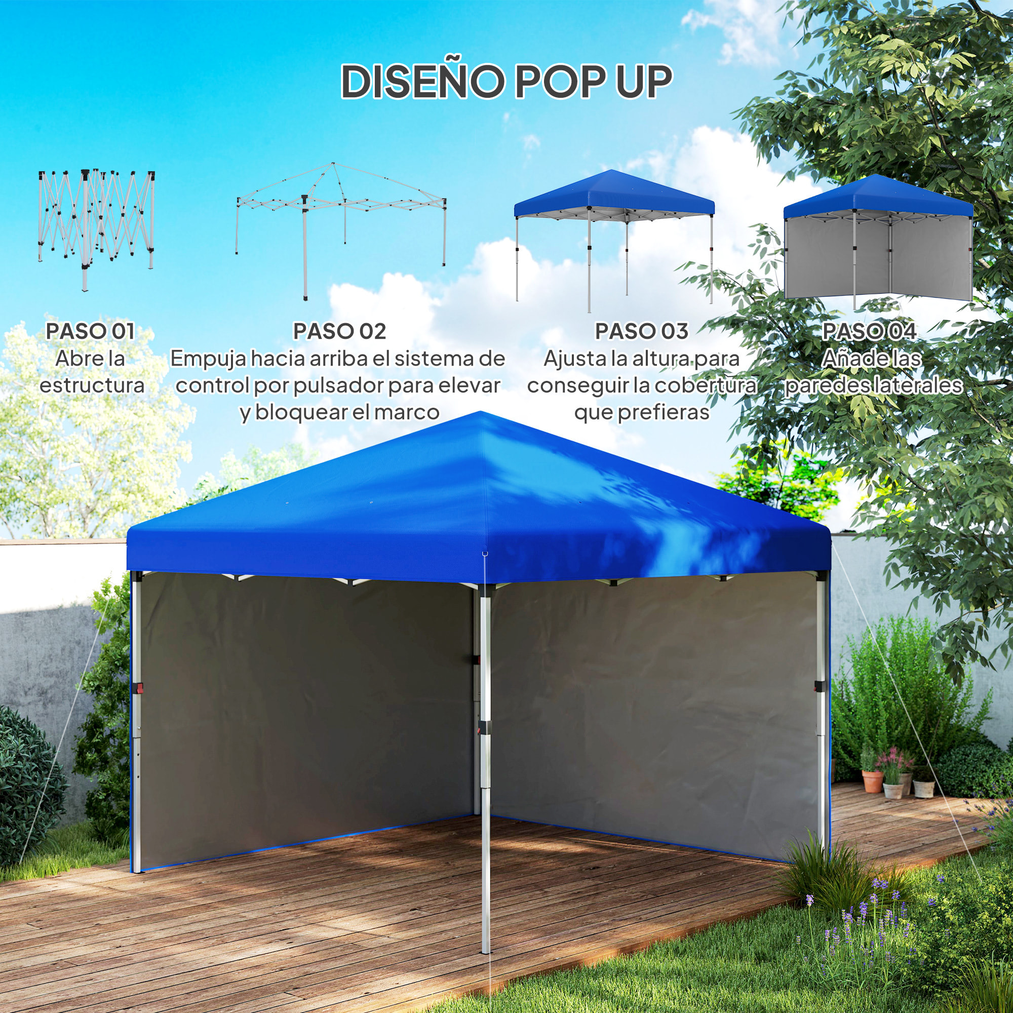 Carpa Plegable Pop-up Gazebo 3x3 m Cenador Plegable con 2 Paredes Laterales Anti-UV Altura Ajustable en 3 Niveles Sacos de Arena y Bolsa de Transporte con Ruedas para Camping Fiestas Azul