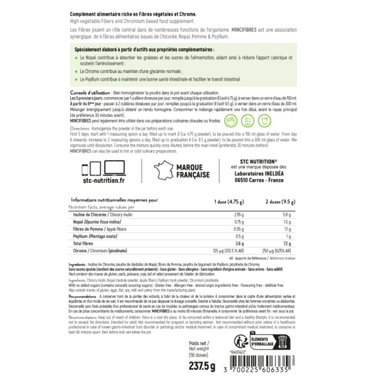 STC NUTRITION - Mincifibres - Complément alimentaire au Chicorée, Nopal, Pomme, Psyllium & Chrome - Favorise la perte de poids et la santé intestinale - Goût neutre - 50 doses