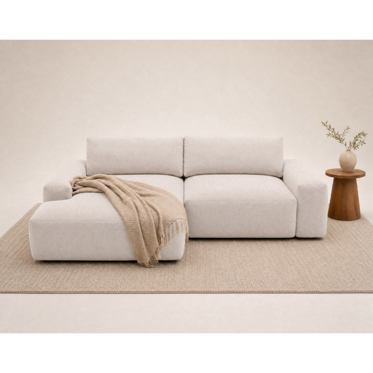 Tama - Canapé d'angle gauche 4 places convertible avec coffre en tissu - Beige