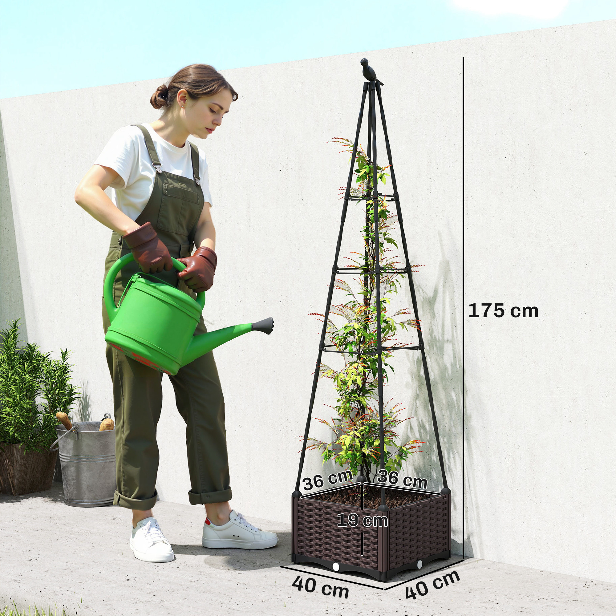 Jardinera con Enrejado Metálico, Jardinera Exterior para Plantas Trepadoras, Maceta de PP con Orificios de Drenaje y Tapones, Macetero Elevado para Jardín, Patio, 40x40x175 cm, Negro