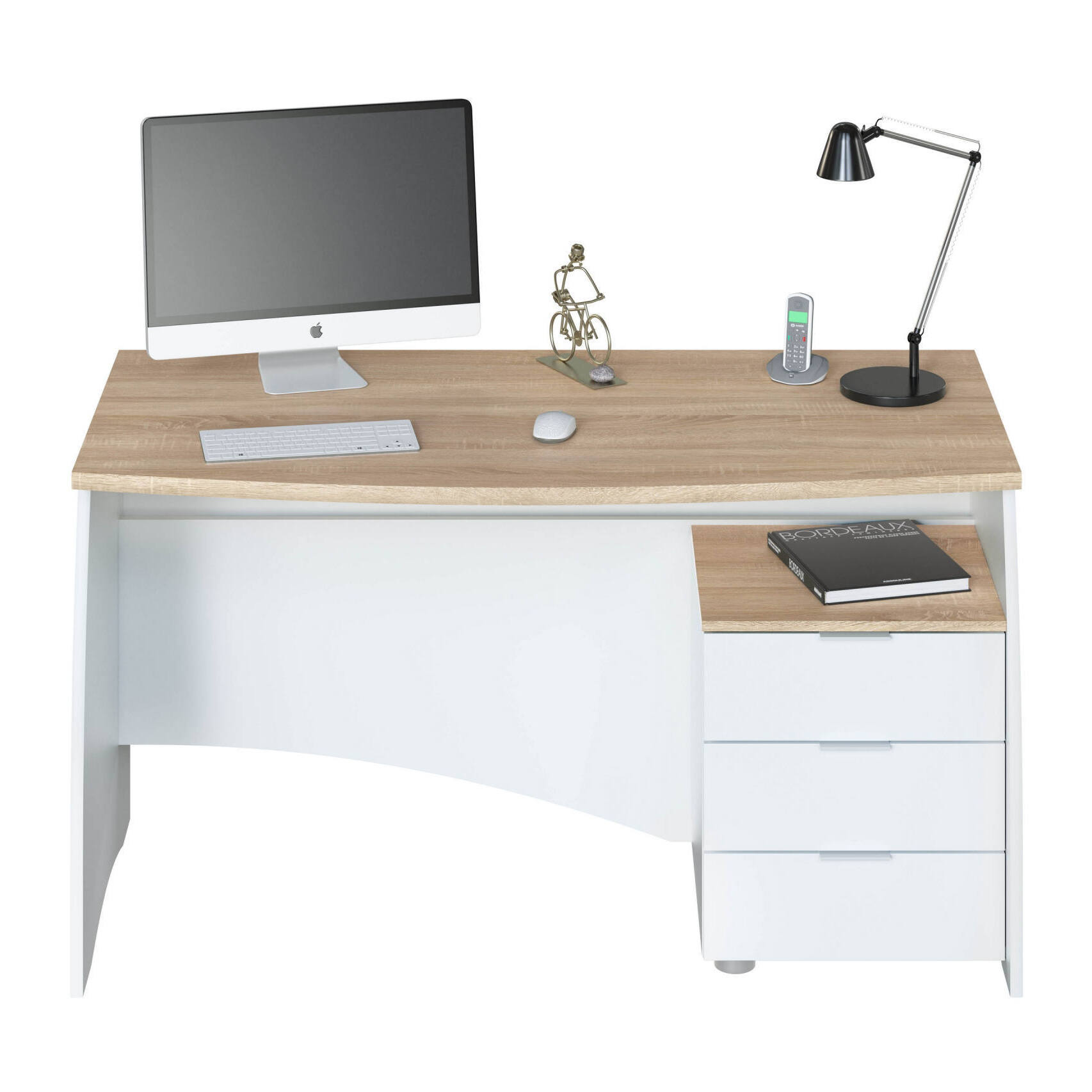 Scrivania Carrollton, Scrittoio da ufficio, Tavolo da studio porta PC con 3 cassetti, cm 136x67h74, Bianco e Rovere