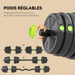 Ensemble d'haltères musculation multifonction 3 en 1 - haltères, Olympic barre, Curl EZ barre - total 30Kg - PVC vert noir