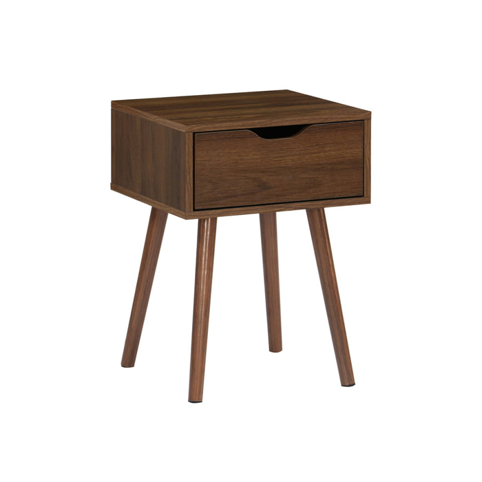 Table de chevet décor bois teinté noyer. 1 tiroir. pieds compas