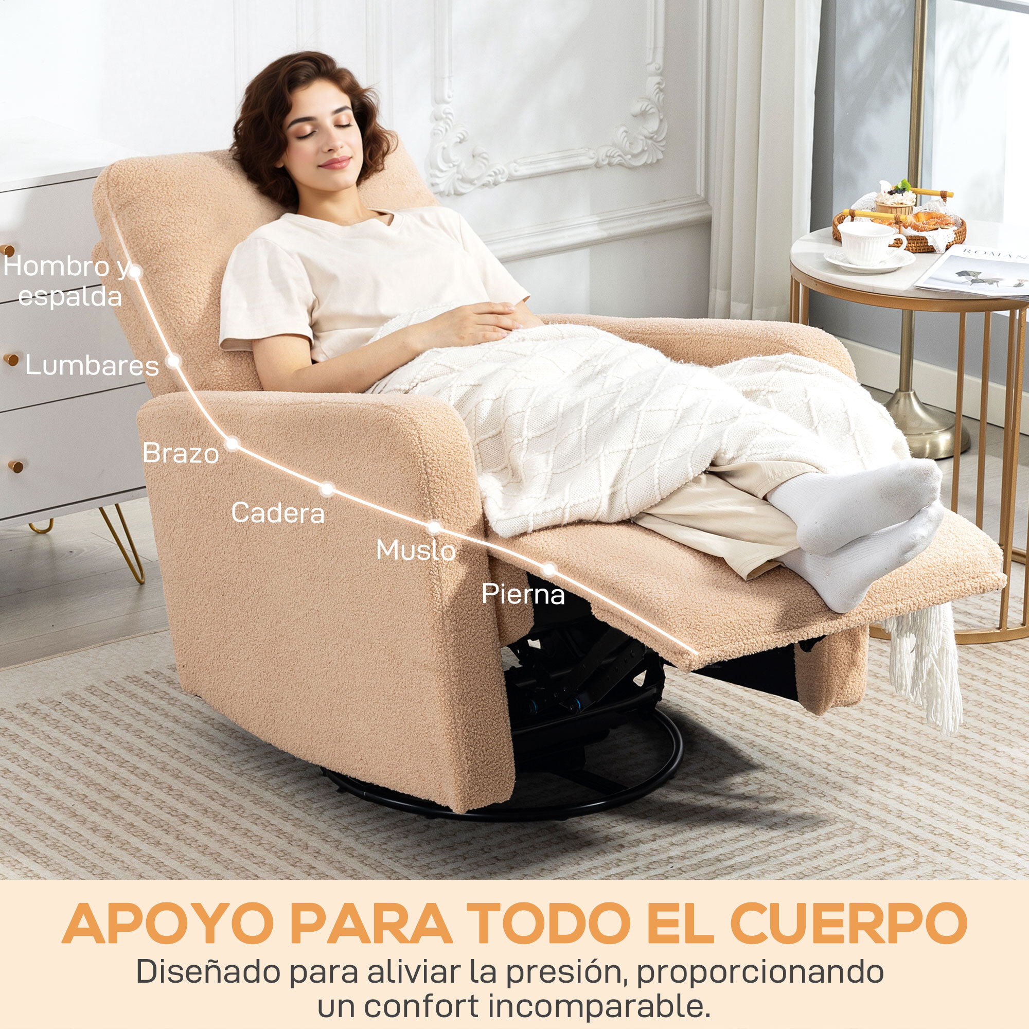 Sillón Relax Reclinable Manual, Sillón Relax de Borreguito con Reposabrazos, Reposapiés, Acolchado Grueso, Función de Balanceo 360°, Butaca Reclinable hasta 135Âº para Salón, Dormitorio, Marrón