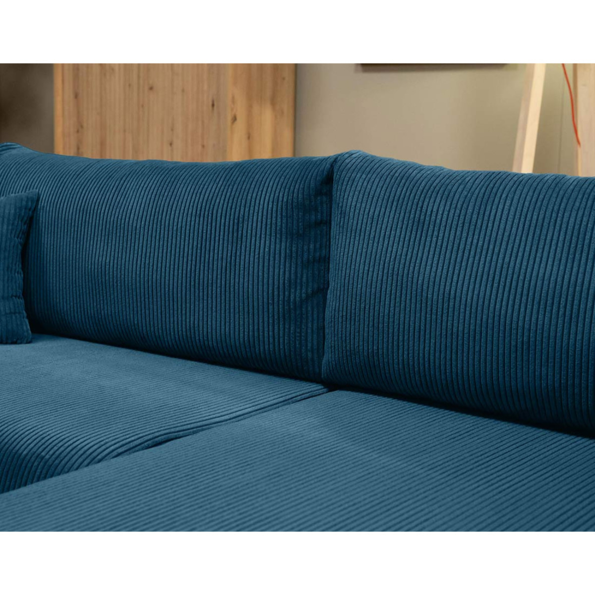 Naomi - Canapé d'angle réversible 4 places convertible avec coffre en velours côtelé - Bleu