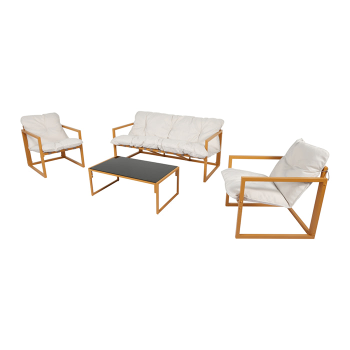 LANA Salon de jardin 5 places contemporain marron et coussins beiges