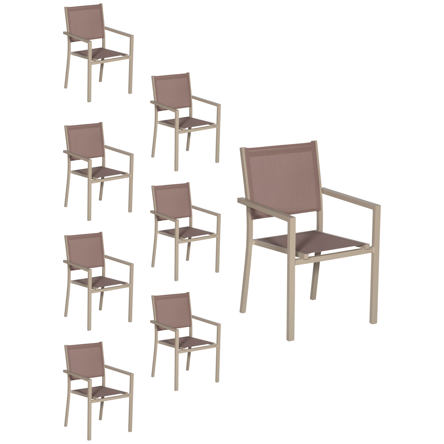 Lot de 8 chaises en aluminium taupe - textilène taupe