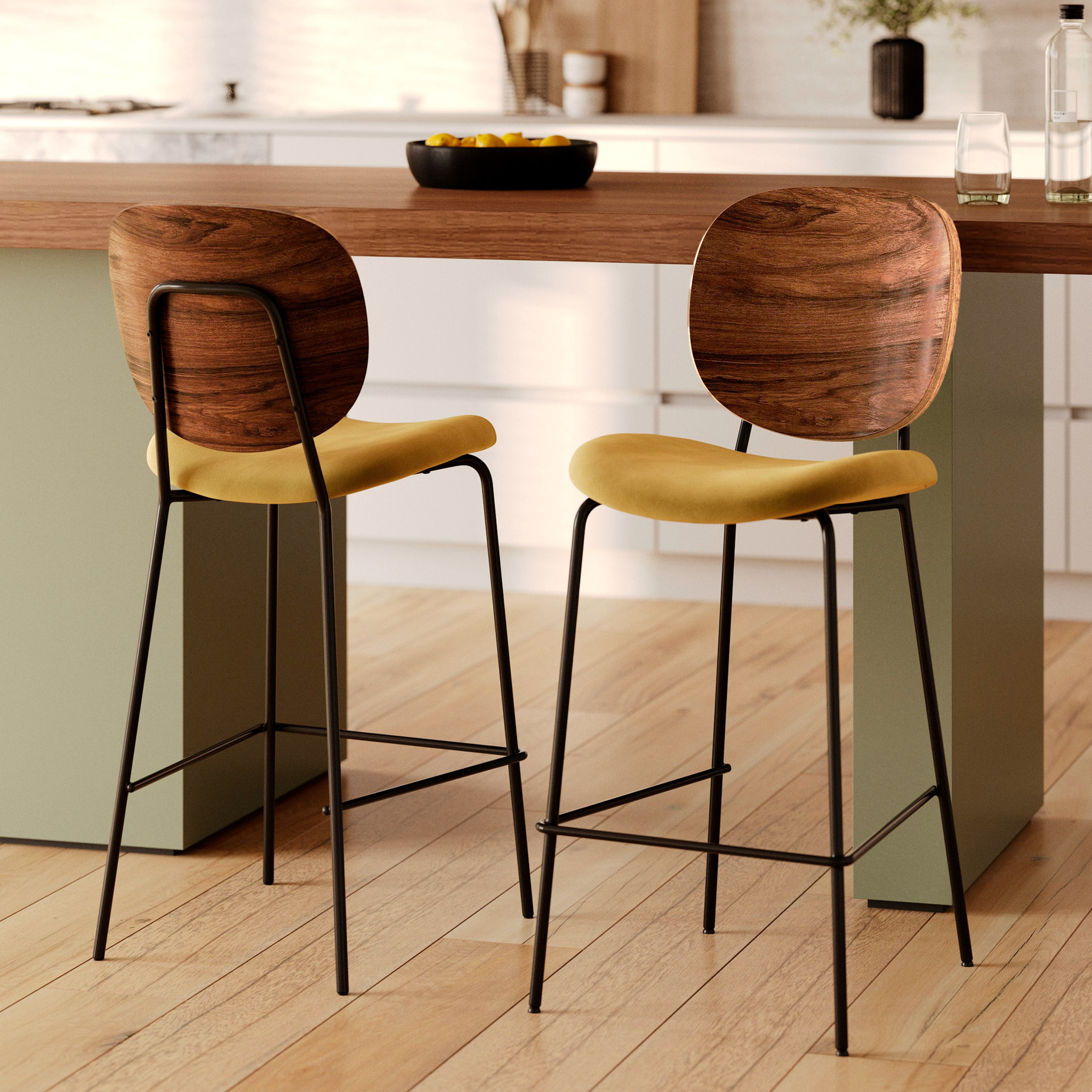 Lot de 2 chaises pour îlot central 65,5 cm en velours jaune - Simone