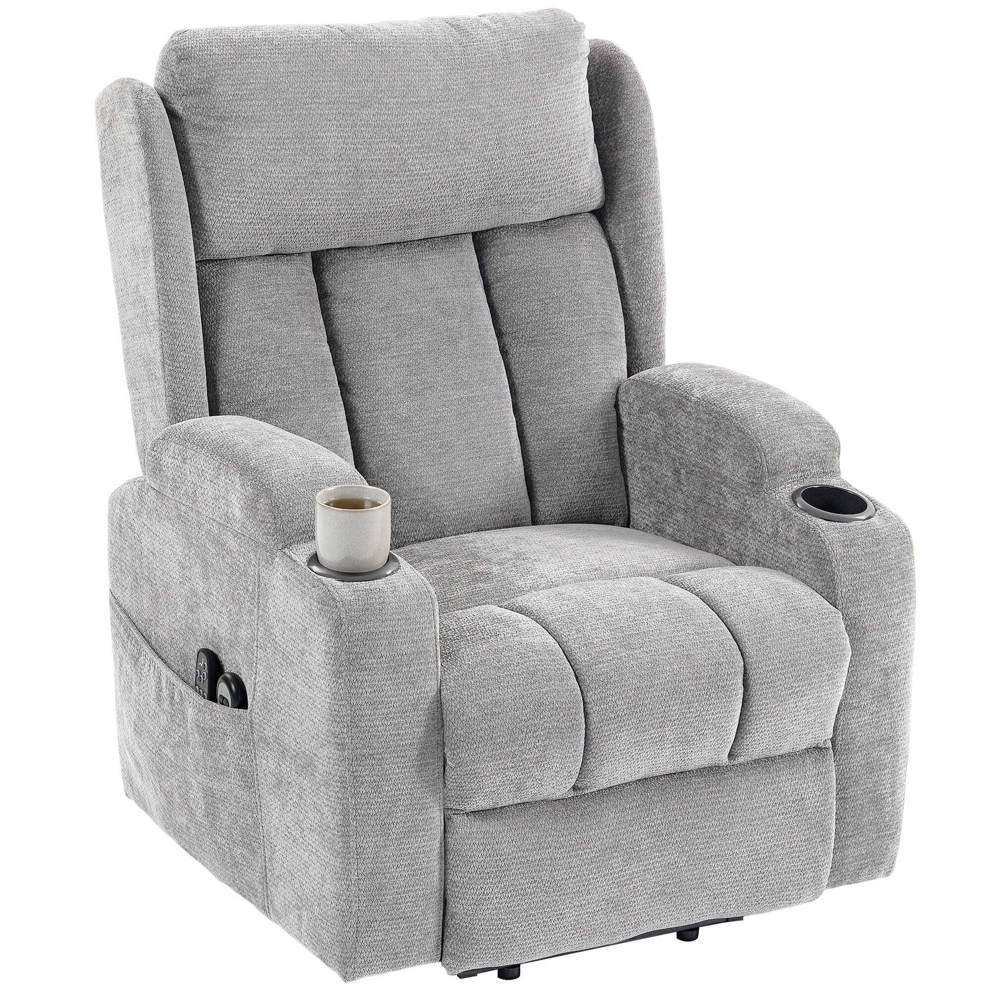 Fauteuil releveur massant chauffant inclinable repose-pieds ajustable télécommande gris clair