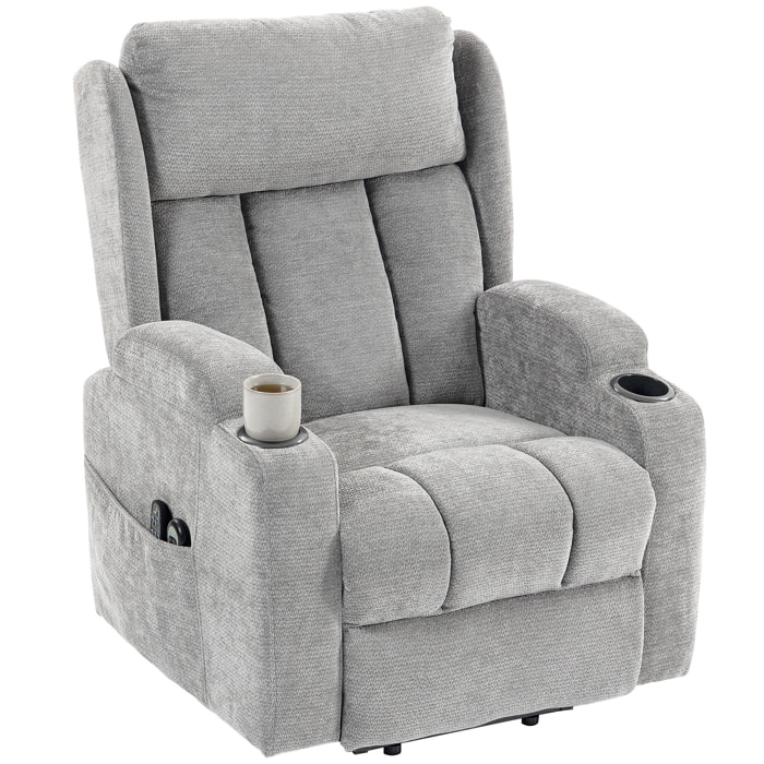 Fauteuil releveur massant chauffant inclinable repose-pieds ajustable télécommande gris clair
