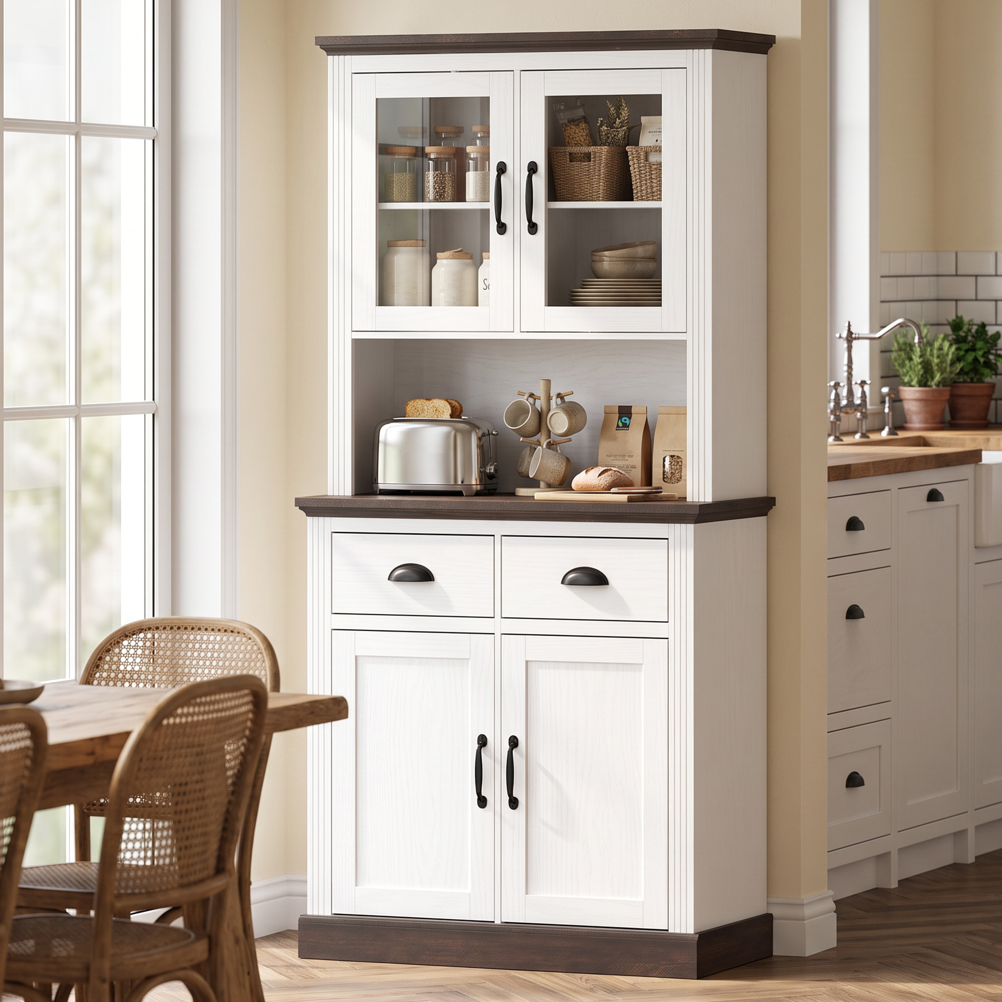 Alacena de Cocina Alta, Mueble Auxiliar de Cocina con Puertas de Cristal, 2 Cajones, Estantes Ajustables, Compartimento Abierto, para Comedor, Salón, 80x38x170 cm, Blanco y Marrón