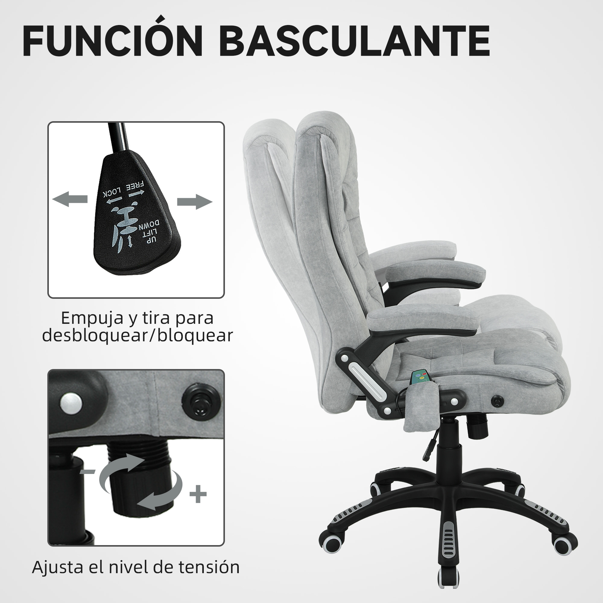 Silla de Oficina con Masaje de 6 Puntos Silla de Escritorio Giratoria con Función Basculante con Calefacción Altura Ajustable Respaldo Reclinable y Mando a Distancia 65x71x110-120 cm Gris