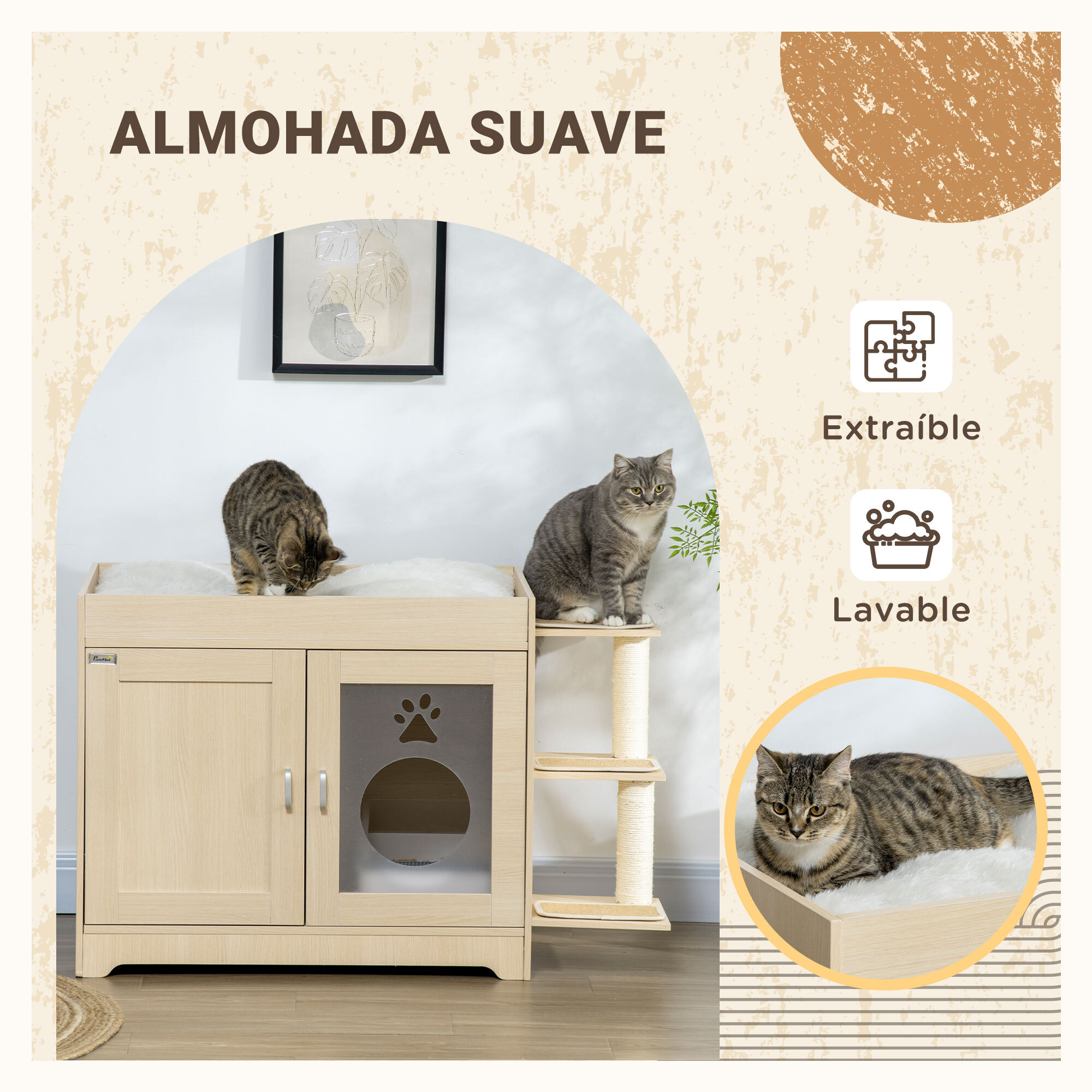 Arenero para Gatos de Madera con 2 Puertas Cama Cojín Suave 107x54x70 cm