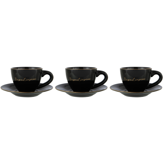 J-Line tasse + sous-tasse 'Départ Joyeux' - porcelaine - noir/or - 3 pcs