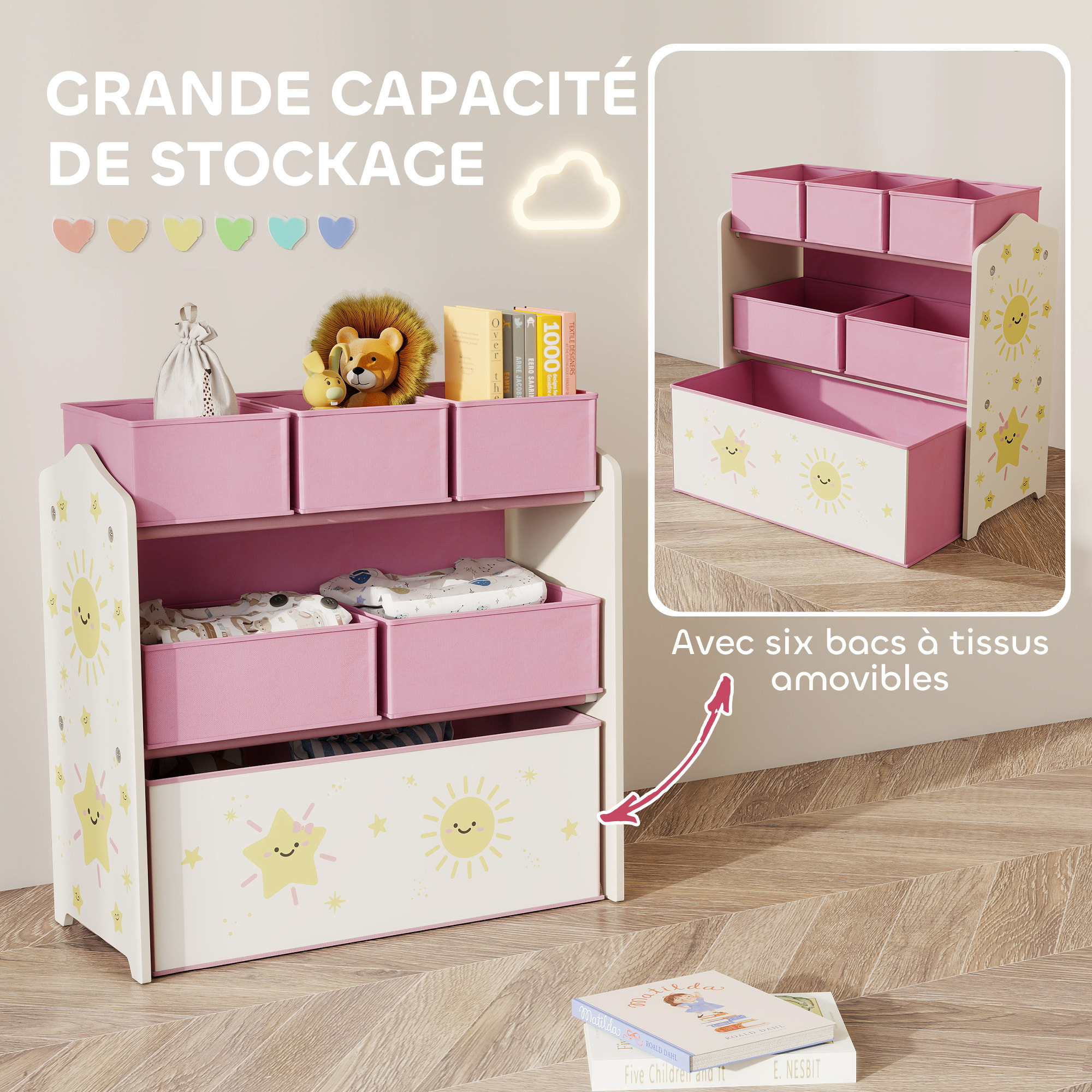 Étagère de rangement enfant design étoile soleil - 6 tiroirs en tissu - MDF - rose