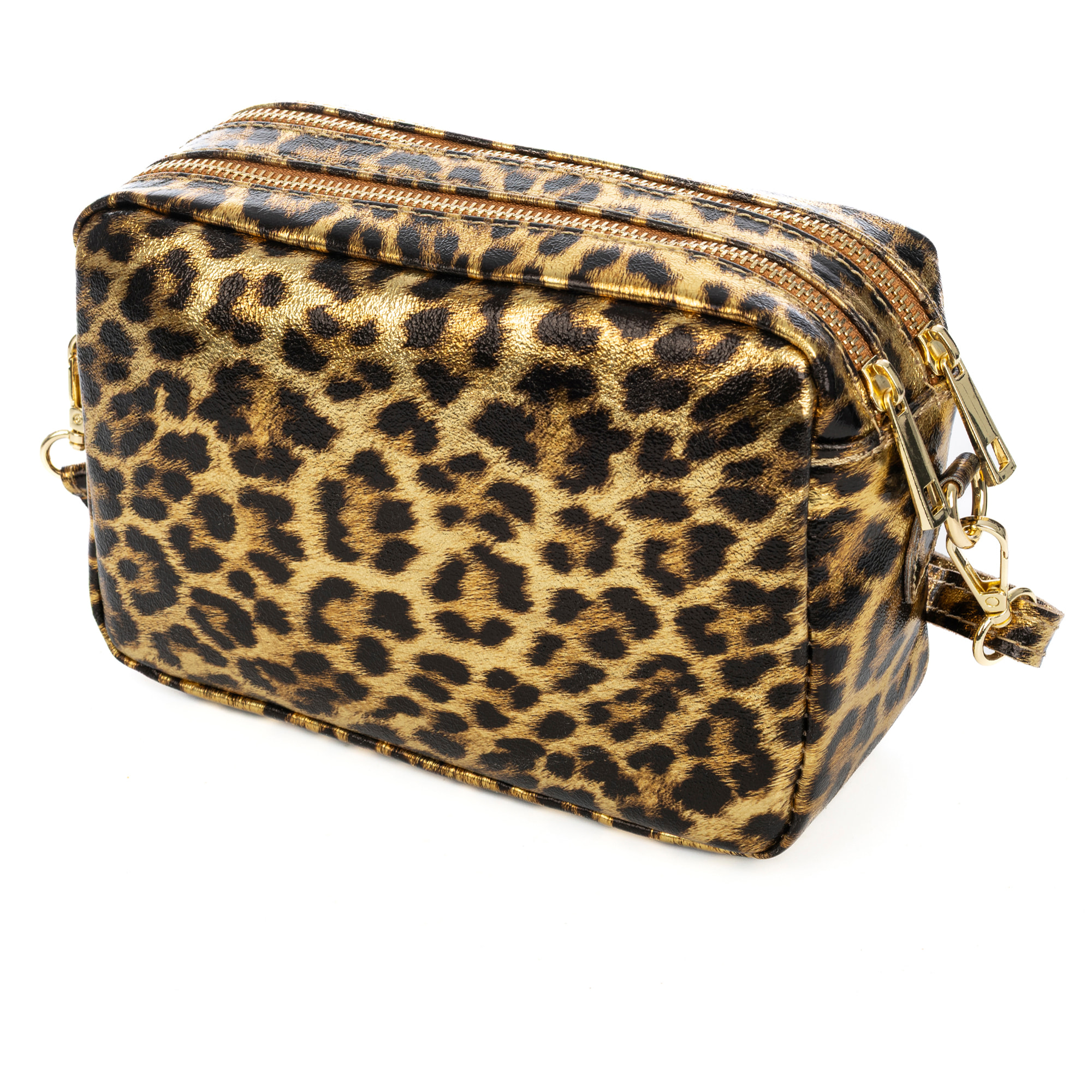 Degna borsa a tracolla donna. Pelle Scamosciata autentica con stampa animalier leopardata e finitura lucida.