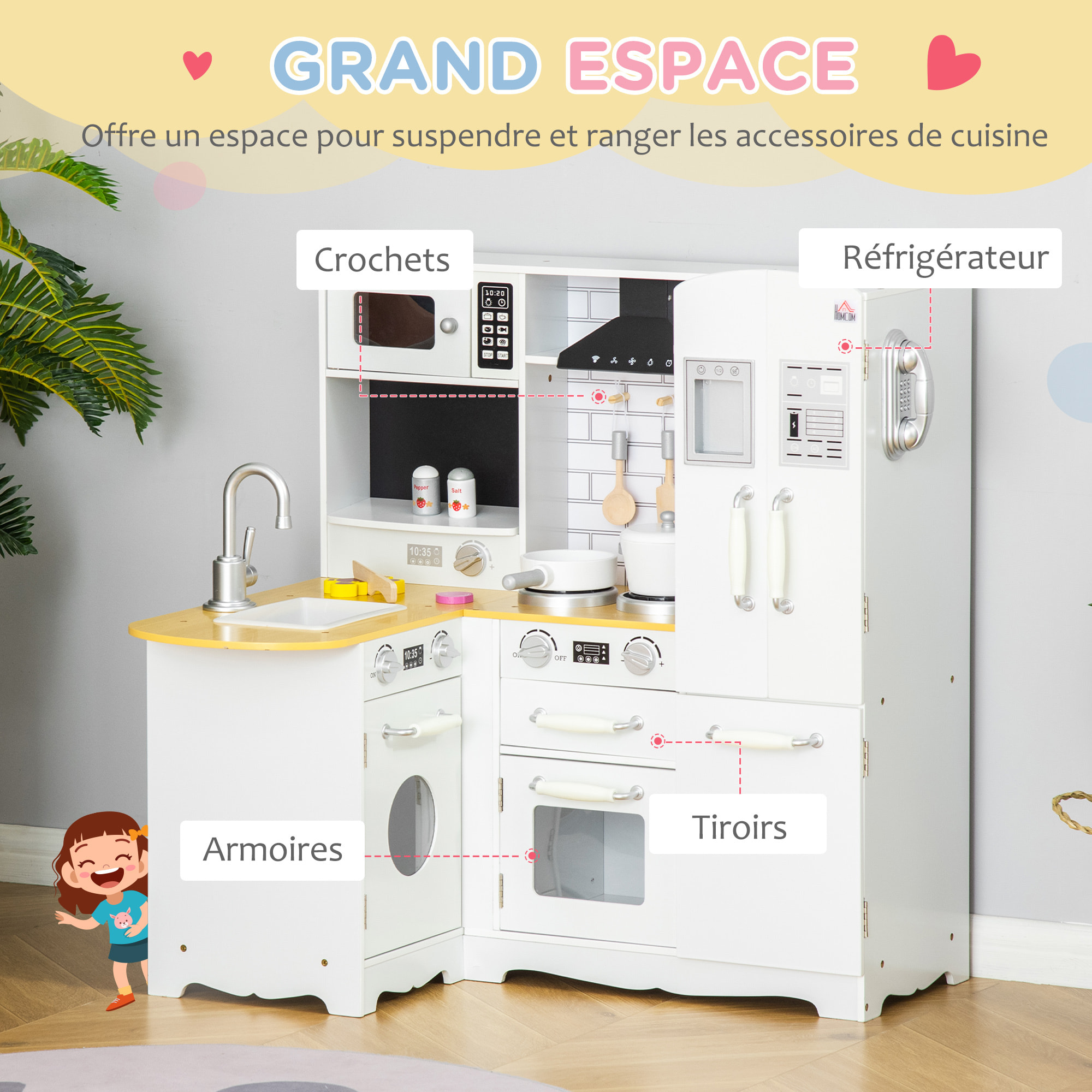 Cuisine pour enfant jeu d'imitation nombreux accessoires rangements évier réfrigérateur téléphone blanc