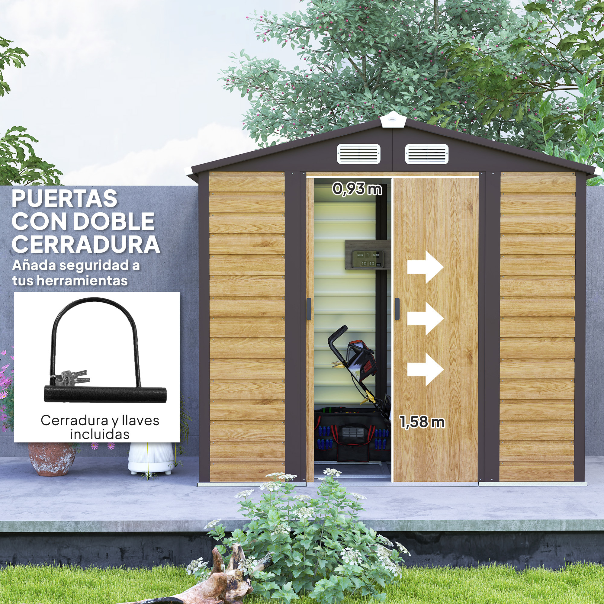 Caseta de Jardín Exterior 2,36m² 213x120x194 cm Cobertizo de Jardín Exterior con Base Refuerzo (Suelo NO Incluido) Puertas Correderas Dobles Candado Ventanas Roble