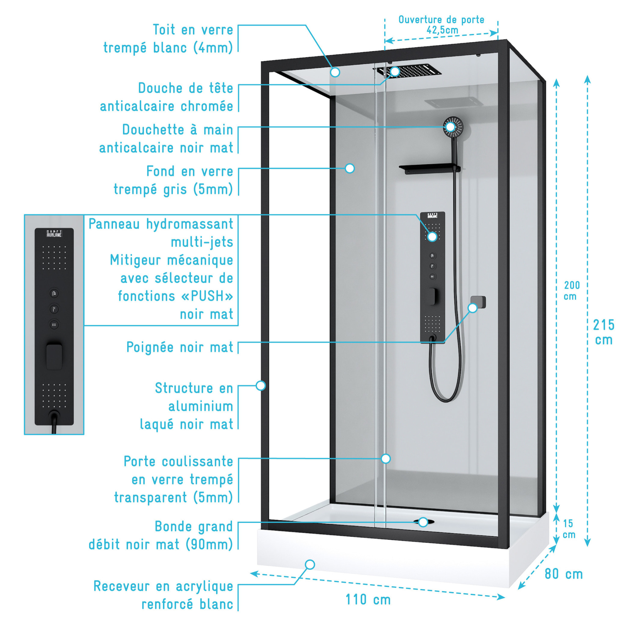 Cabine de douche Hydromassante 110x80x215 cm - Fond Gris et Profilés Noir Mat - GREY STYLE