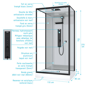 Cabine de douche Hydromassante 110x80x215 cm - Fond Gris et Profilés Noir Mat - GREY STYLE