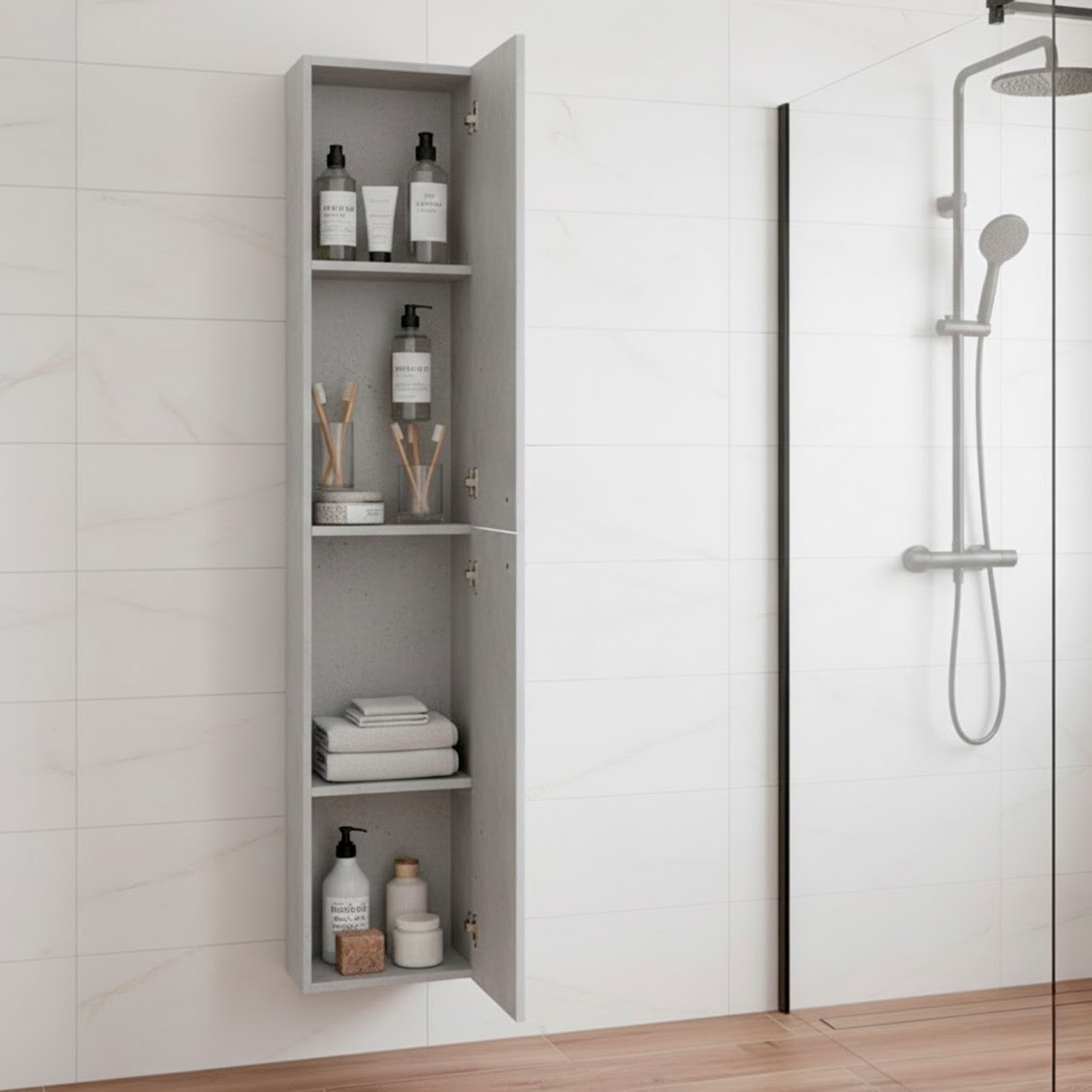 Mobile Alto Da Bagno Sospeso Con 2 Ante E 3 Mensole Interne Colonna Moderna Sospesa Salvaspazio Melaminico Chiusura Assistita Design Industriale Lavanderia Ingresso 150 x 30 x 25 Cm Grigio Cemento