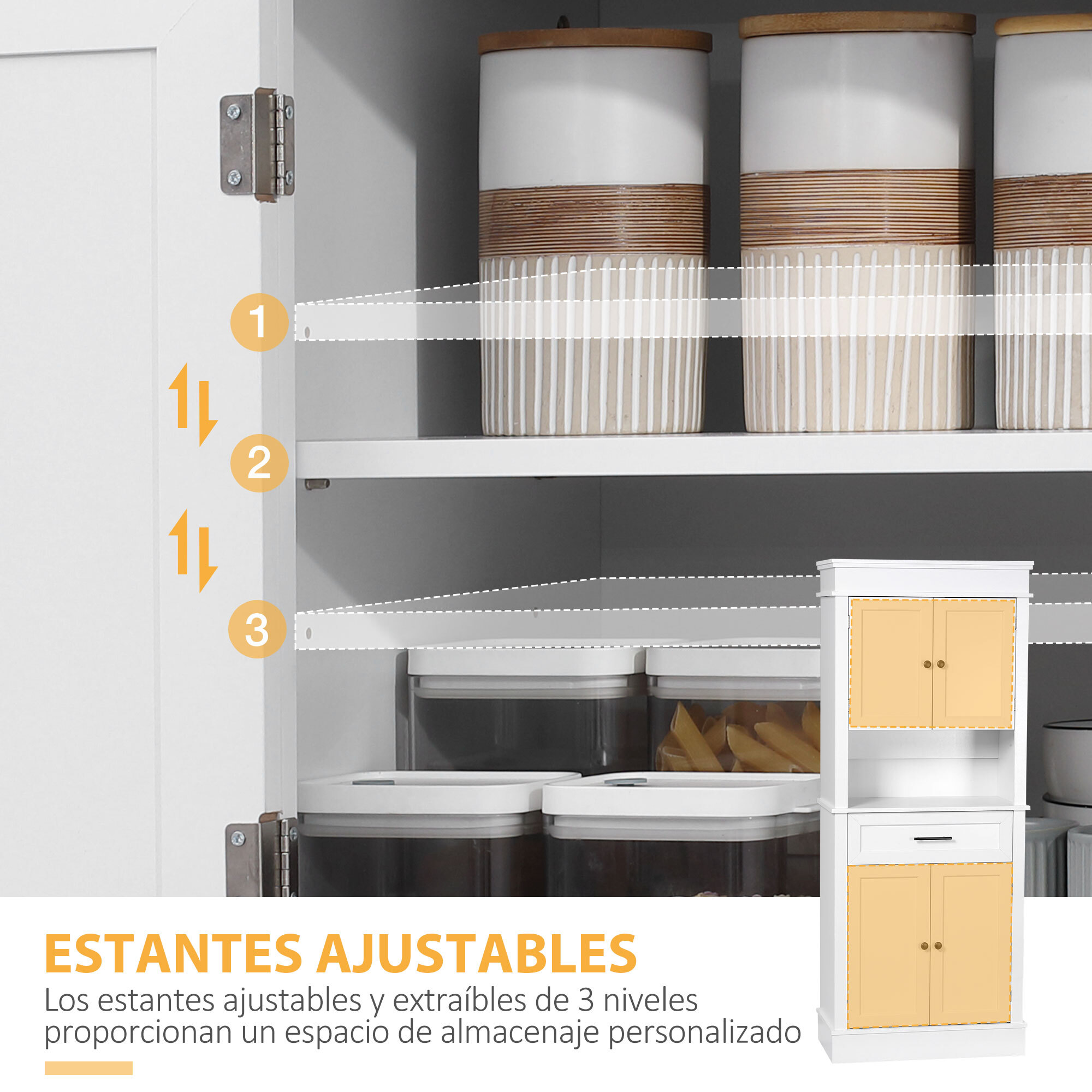 Alacena de Cocina Aparador de Comedor Mueble Auxiliar para Microondas con 4 Puertas 1 Cajón y Estante Abierto para Salón 74x39,5x183 cm Blanco