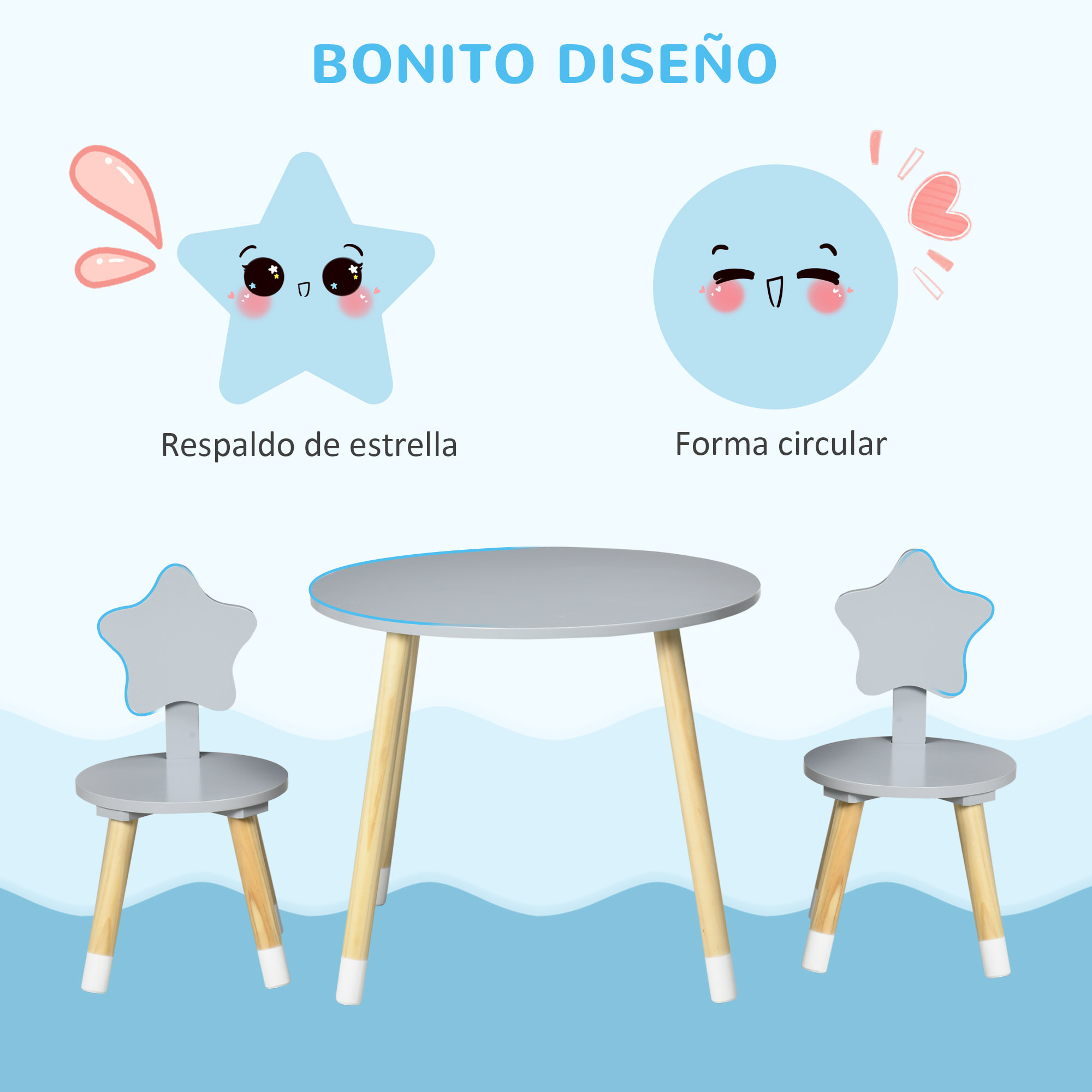 Juego de Mesa y 2 Sillas de Madera para Niños para Sala de Juego Dormitorio Gris